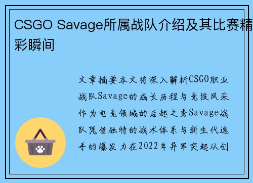 CSGO Savage所属战队介绍及其比赛精彩瞬间